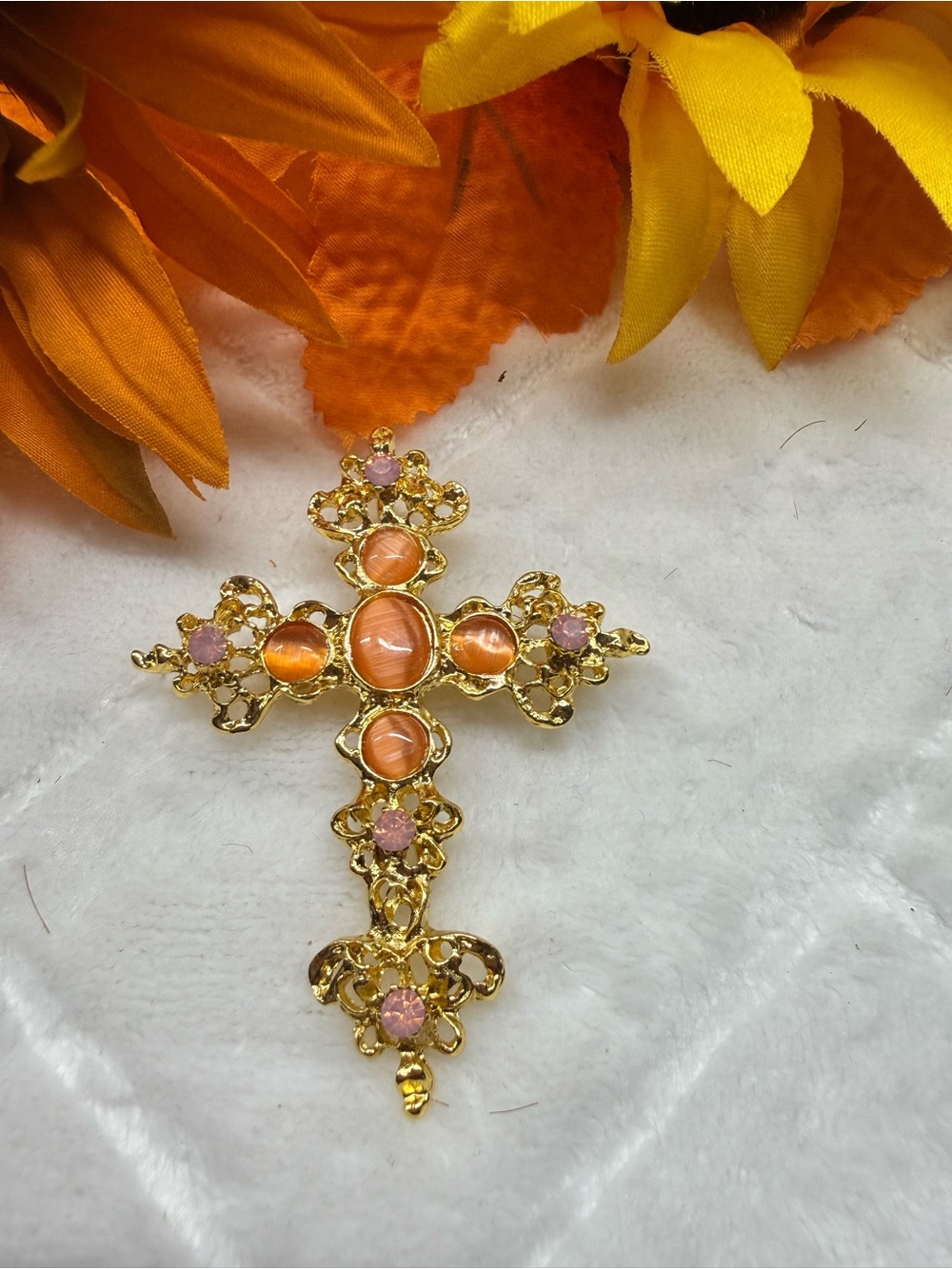 Gold Cross Pendant with Orange and Pink Stones